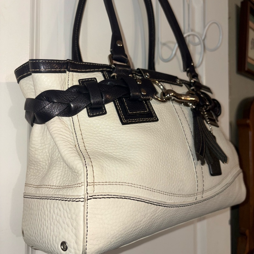 Coach Hampton Braided Leather Satchel F13084 Cream & Black - Picture 4 of 16